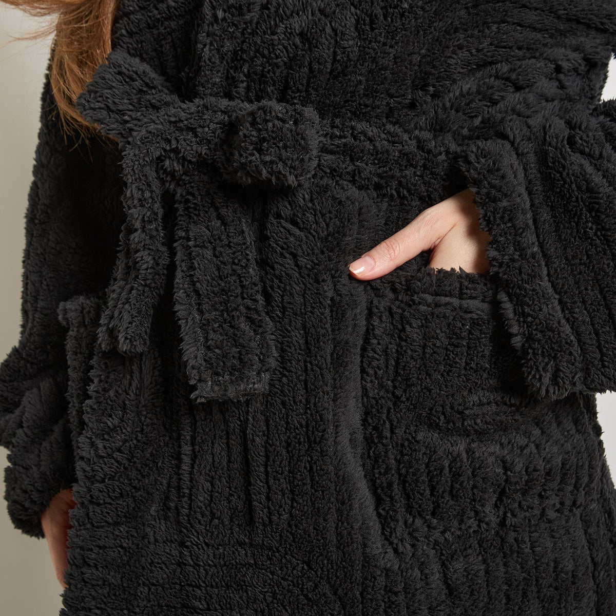OHS Tufted Dressing Gown Soft Fleece Robe Thermal Bathrobe Hooded Loungewear