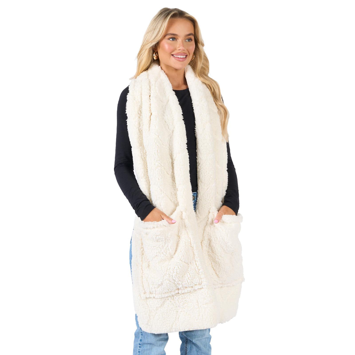 Braided Fleece Scarf Long Supersoft Thermal Pockets Shawl Wrap Hand Neck Warmer