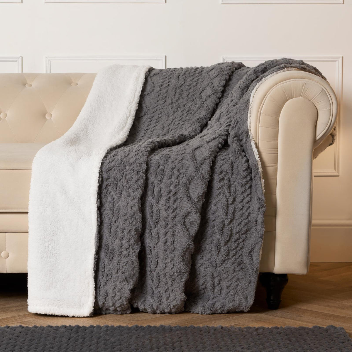 OHS Cable Knit Blanket Sherpa Fleece Sofa Plush Soft Warm Throw Over Bed Chair