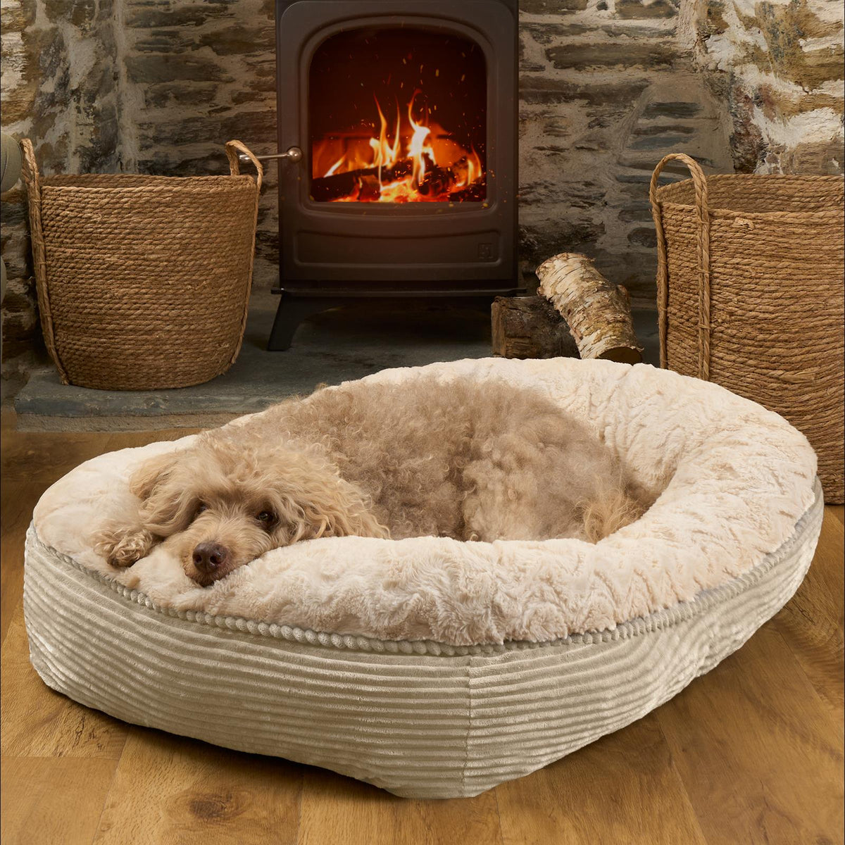 Dog Bed Washable Plush Soft Faux Fur Fleece Ribbed Pet Basket Cushion Warm Cosy