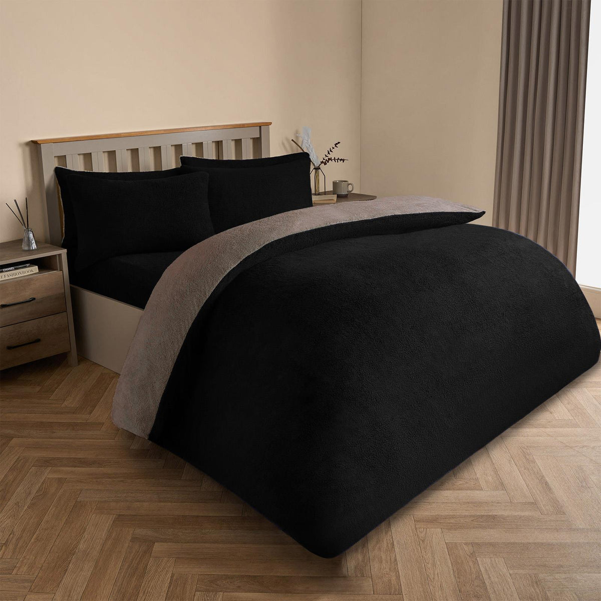 OHS Reversible Teddy Fleece Duvet Cover with Pillowcase Bedding Set Grey