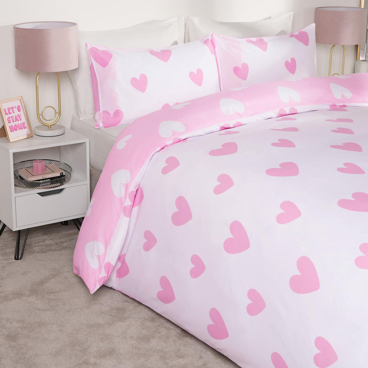 OHS Heart Print Duvet Cover with Pillowcase Quilt Reversible Bedding Set