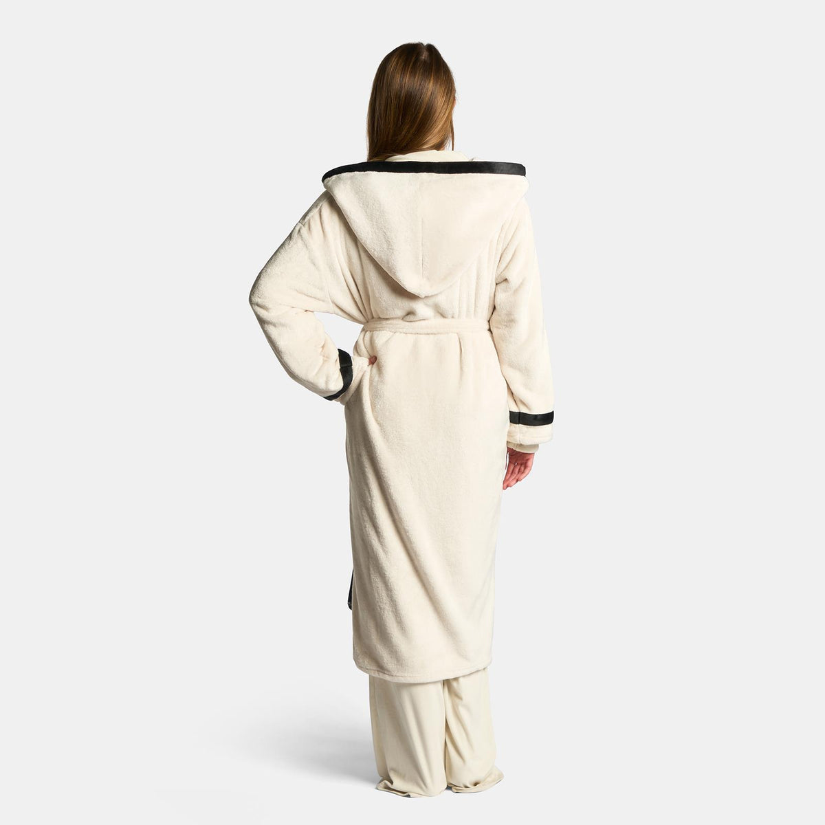 OHS Piped Edge Dressing Gown Flannel Fleece Winter Loungewear Hooded Bathrobe