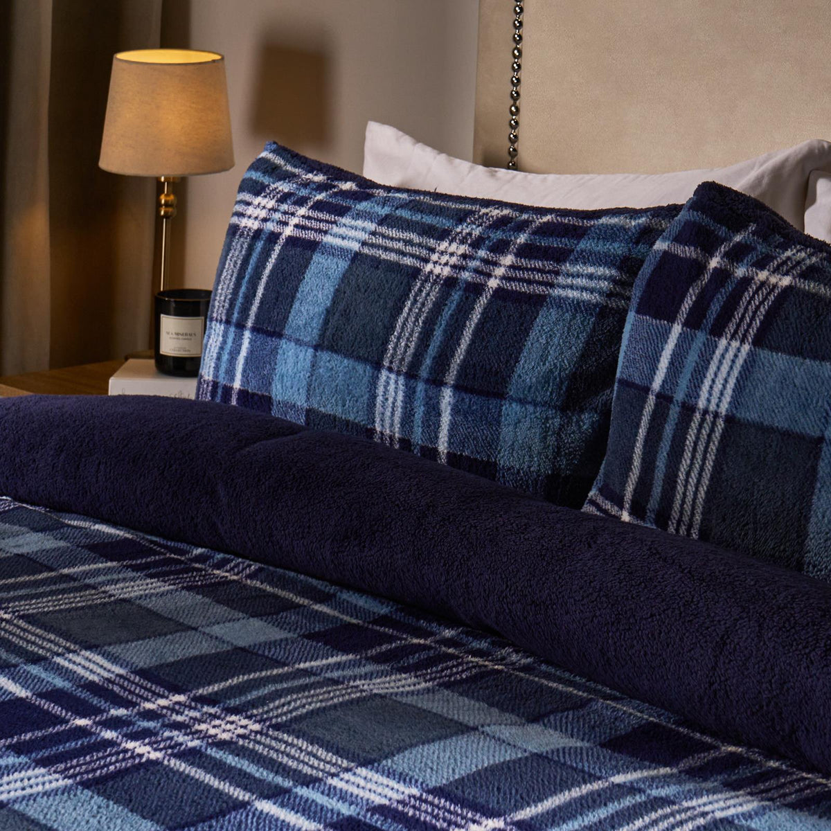 OHS Tartan Check Teddy Fleece Thermal Duvet Cover Bedding Set