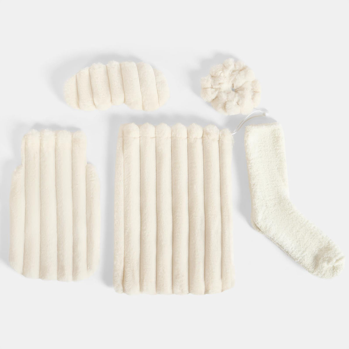 OHS Ribbed Faux Fur Winter Gift Set Hot Water Bottle Socks Eye Mask Scrunchie