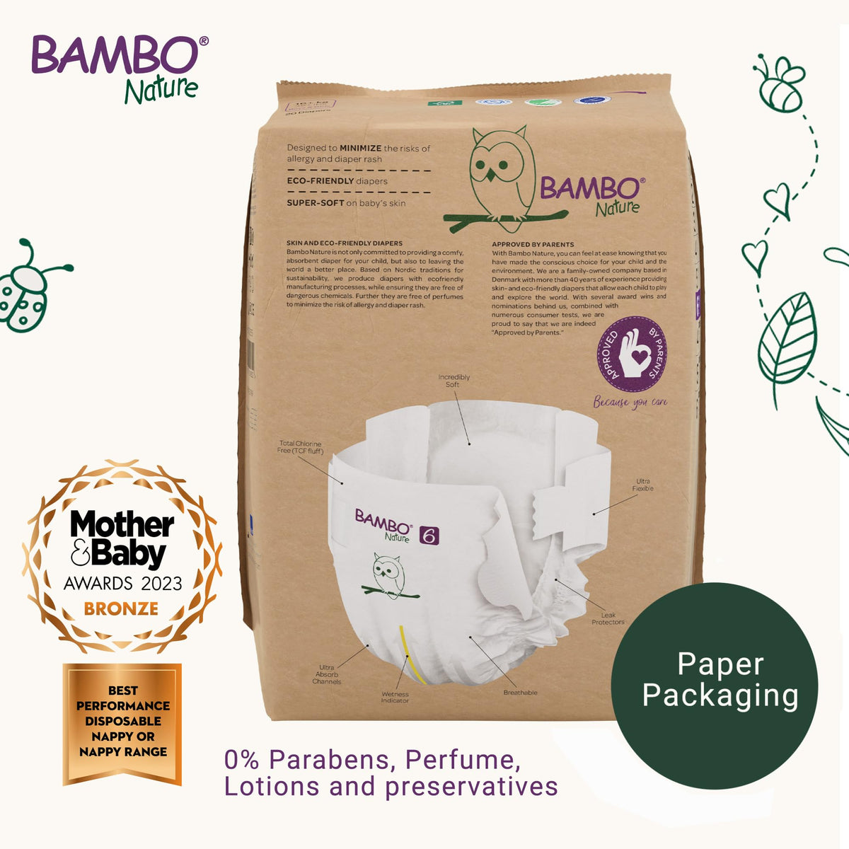 Bambo Nature Premium Eco Nappies, Premature Size 0 (2-7lb/1-3kg), XXS, Pack of 24, Eco-Labelled Nappies, Enhanced Leakage Protection, Secure and Comfortable Baby Nappy