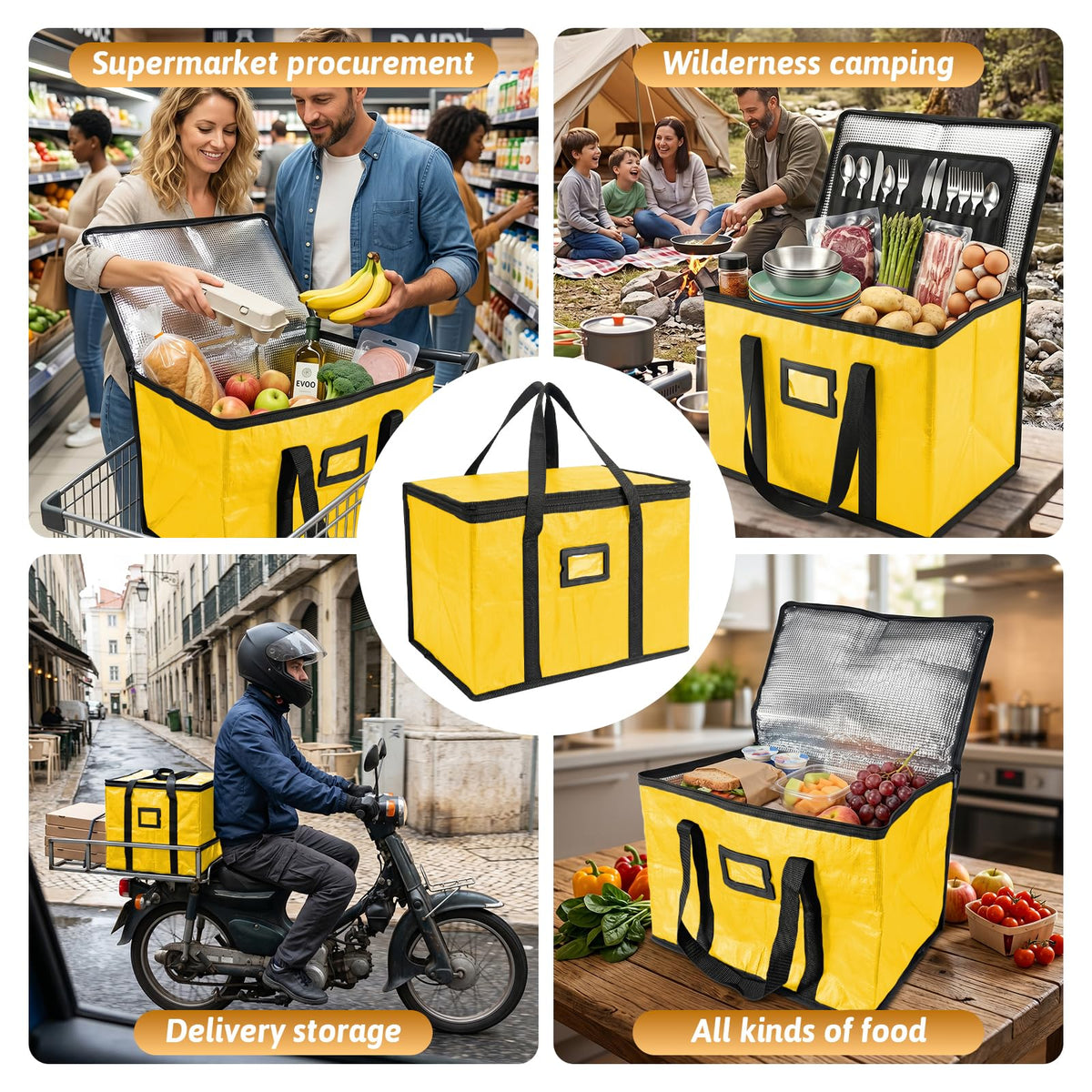 40L Insulated Thermal Food Delivery Bag for Hot & Cold Meals, Large Foldable Cooler with Insulation for Picnic, Camping, Lunch & Outdoor Use (Black)
