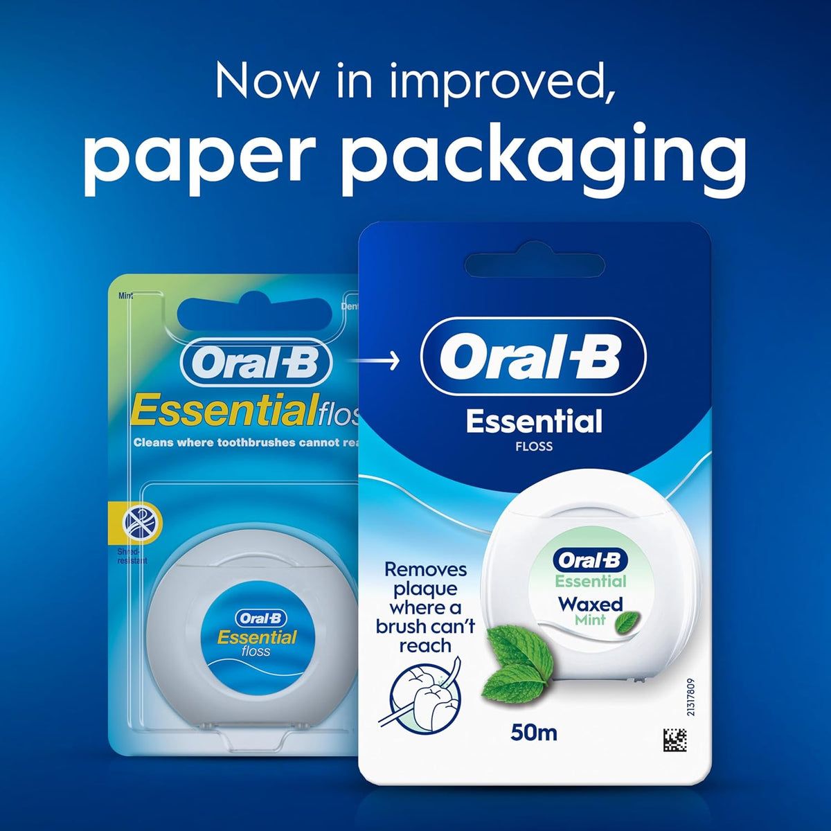Oral-B Essential Floss - Removes Plaque - Waxed Dental Floss for Tight Spaces - Shred-Resistant - Mint - 2x50M Roll