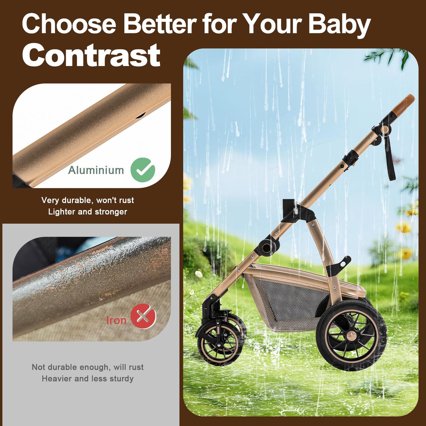 Baby Stroller 3 in 1,Travel Pushchair's Lie-Flat Pram is Foldable, Stroller System Handle is Adjustable, The Wheels are Made of PU Material, Suitable for 0-3 Years-Khaki
