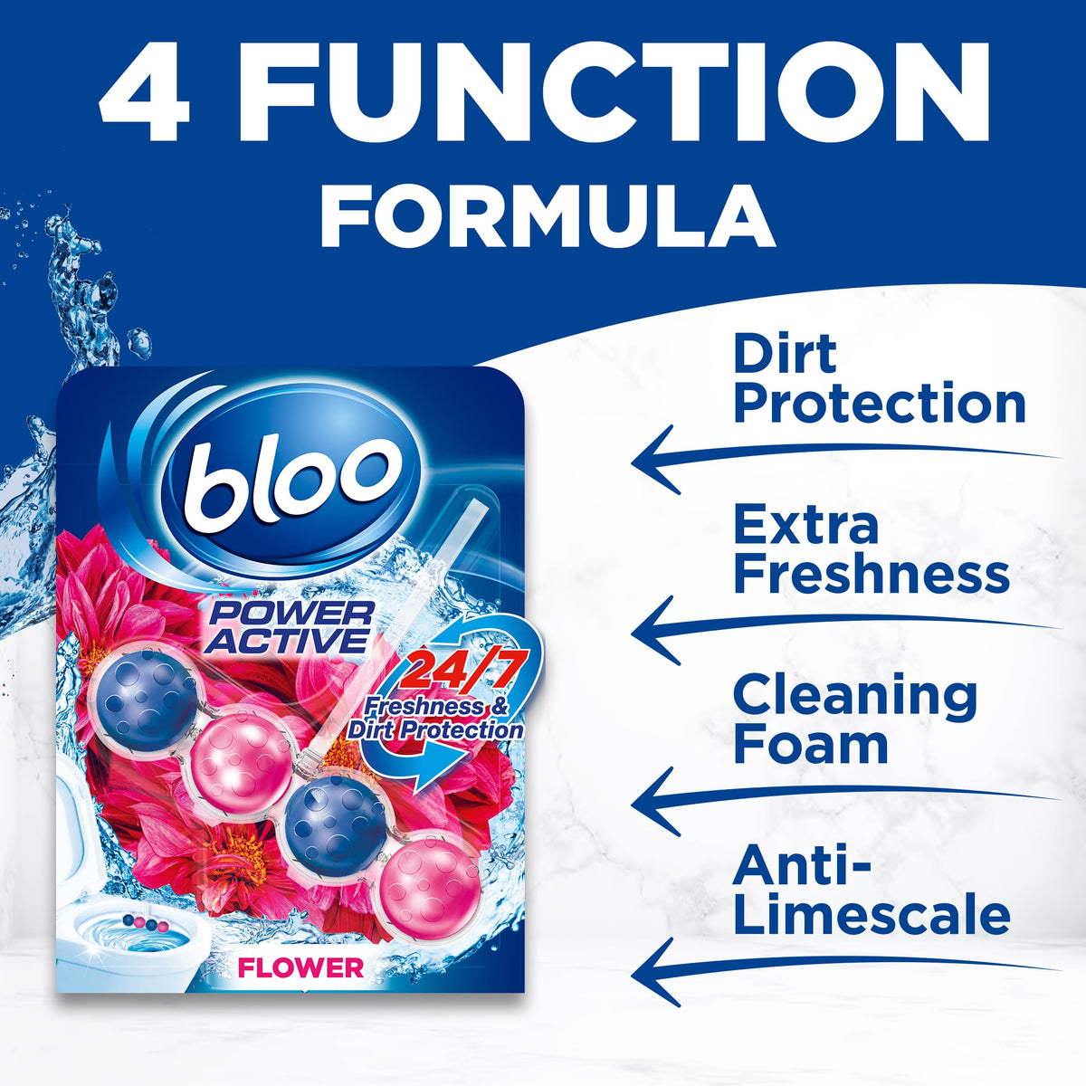 Bloo Power Active Toilet Rim Block & Freshener, Fresh Flowers, Pack of 1