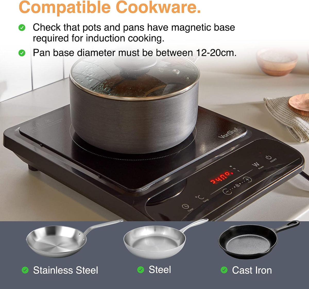 VonShef Single Induction Hob – 2000W Portable Induction Cooker w/LED Touch Display, 3 Hour Timer, 10 Heat Settings 60-240°C, Safety Lock - Black