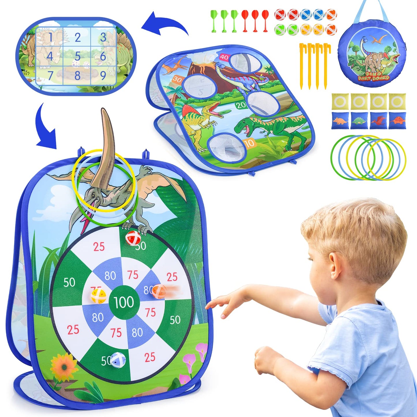 5 in 1 Portable Bean Bags Toss Games, Ring Toss Games for Kids, Outdoor Toys Garden Games Birthday Party Supplies 30 Pcs Combo Set Cornhole Game