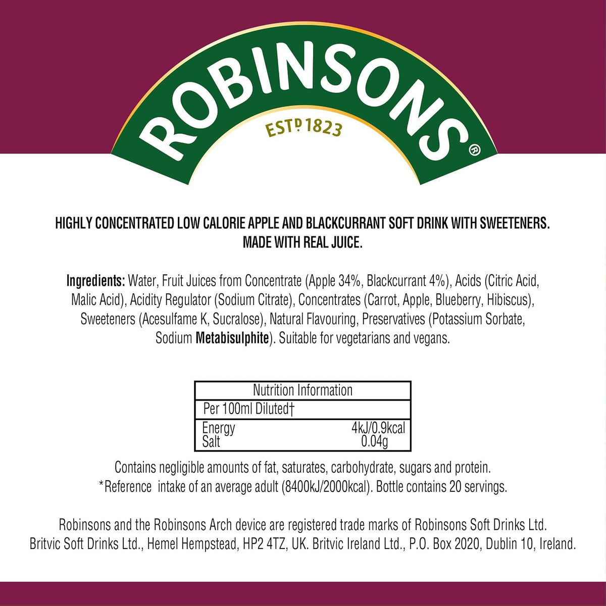 Robinsons Mini, No Added Sugar, Low Calorie, Apple and Blackcurrant, Makes 20 Drinks Per Pack, 66 ml