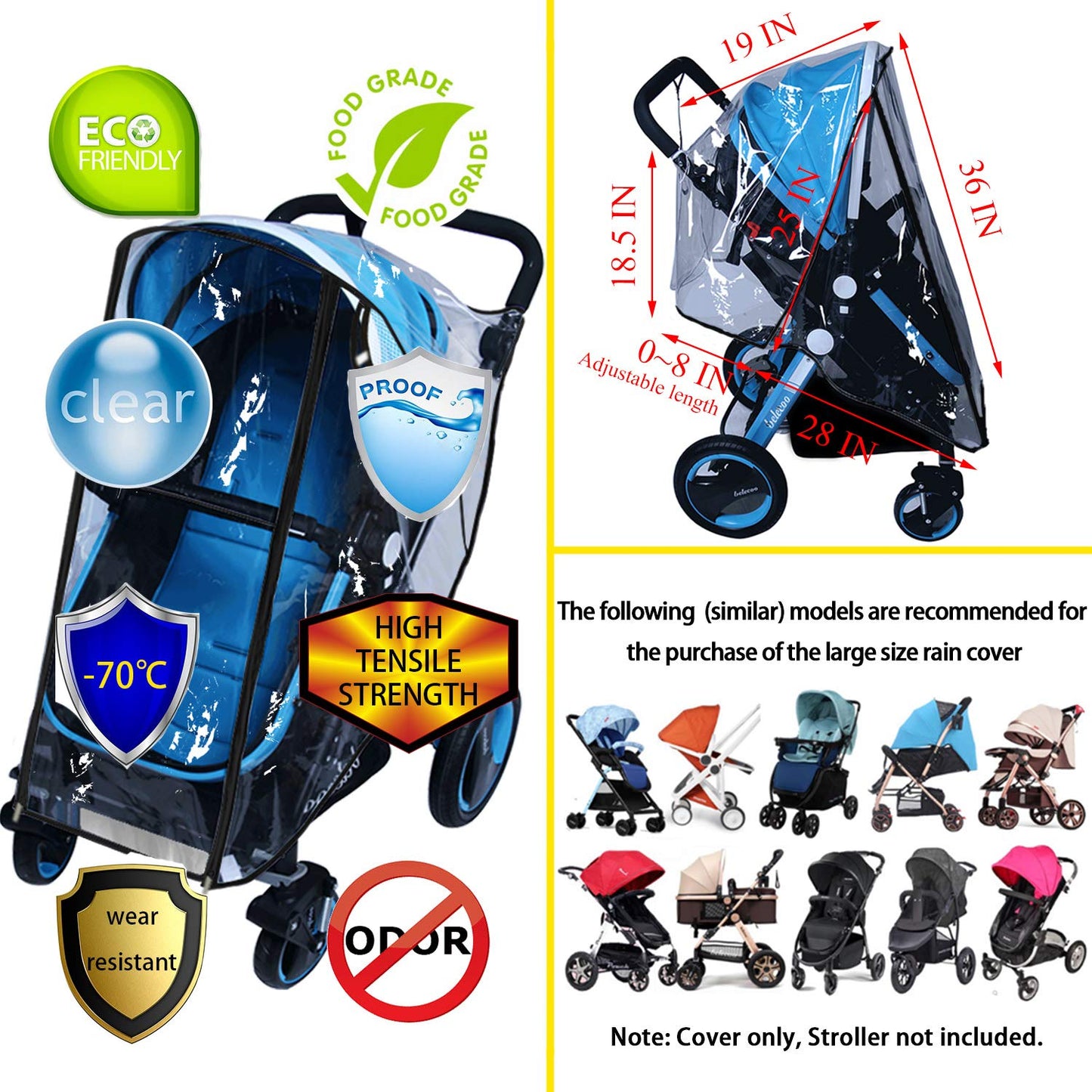 Pushchair Rain Cover Pram Wind Snow Cover Buggy Stroller Weather Shield Travel Accessories Universal Size Protect from Rain Cold Dust Water Clear EVA Plastic (Large)
