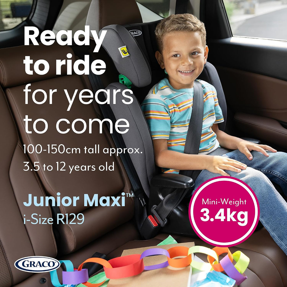 Graco Junior Maxi i-Size R129 Highback Booster car seat with cupholders, Suitable from 100-150cm (approx. 3.5 to 12 years), Midnight fashion