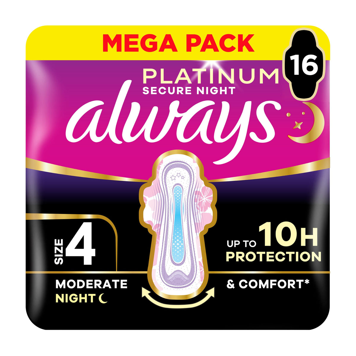 Always Platinum Secure Night Extra (Size 5) Sanitary Towels with Wings 16 Pads