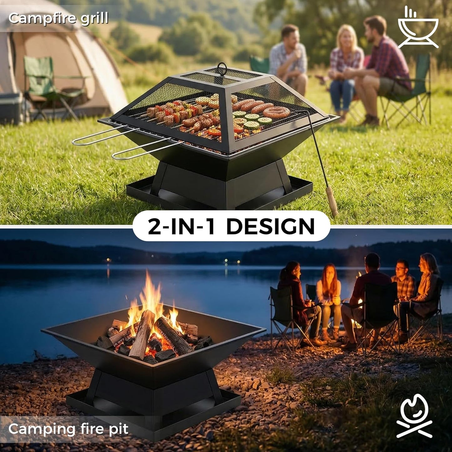 Square Fire Pit with BBQ Grill, Metal Fire Pit BBQ with Mesh Lid & Poker, Outdoor Garden Patio Heater Firepit, Sturdy and Durable Iron Construction - Great for Camping, Picnics or the Garden