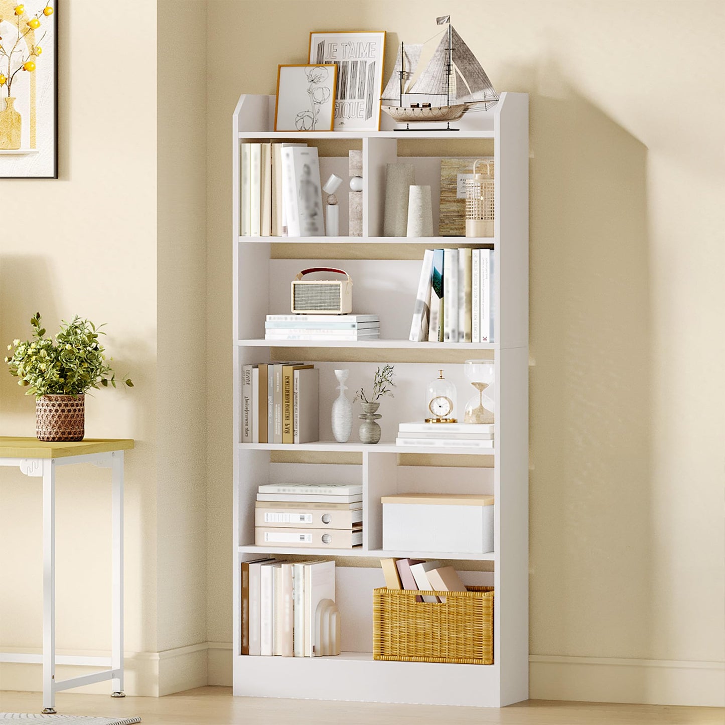Hzuaneri 6-Tier Bookcase, Bookshelf with 8 Adjustable Storage Shelf Unit, White Bookcase for Living Room, Home Office, Bedroom, Study, 24 x 60 x 199 cm, White, BC11703X