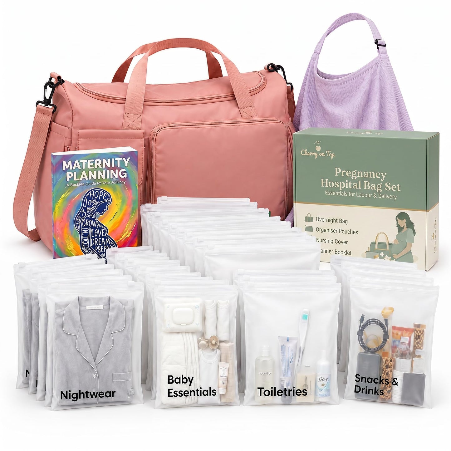 Pregnancy Bag For Hospital - Complete Labour And Delivery Set With Hospital Bag, 21 Organiser Pouches, Planner Book & Nursing Shawl - Premium Expectant Mum Hamper & Baby Shower Set, Grey