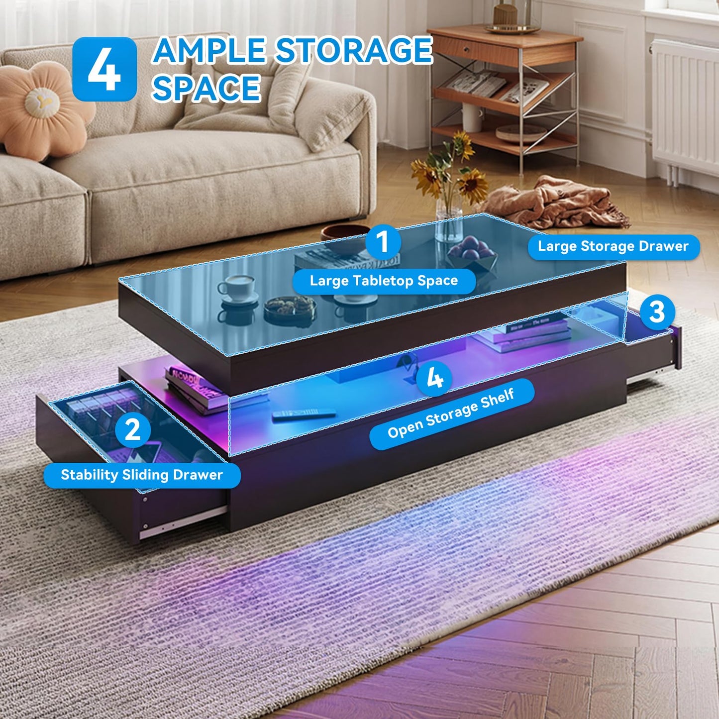 Modern Coffee Table with LED Lights, 2 Drawer Storage, Wooden Coffee Table with Charging Station, USB Ports & Power Outlet, Rectangle Coffee End Table for Home, Office & Living Room - Black