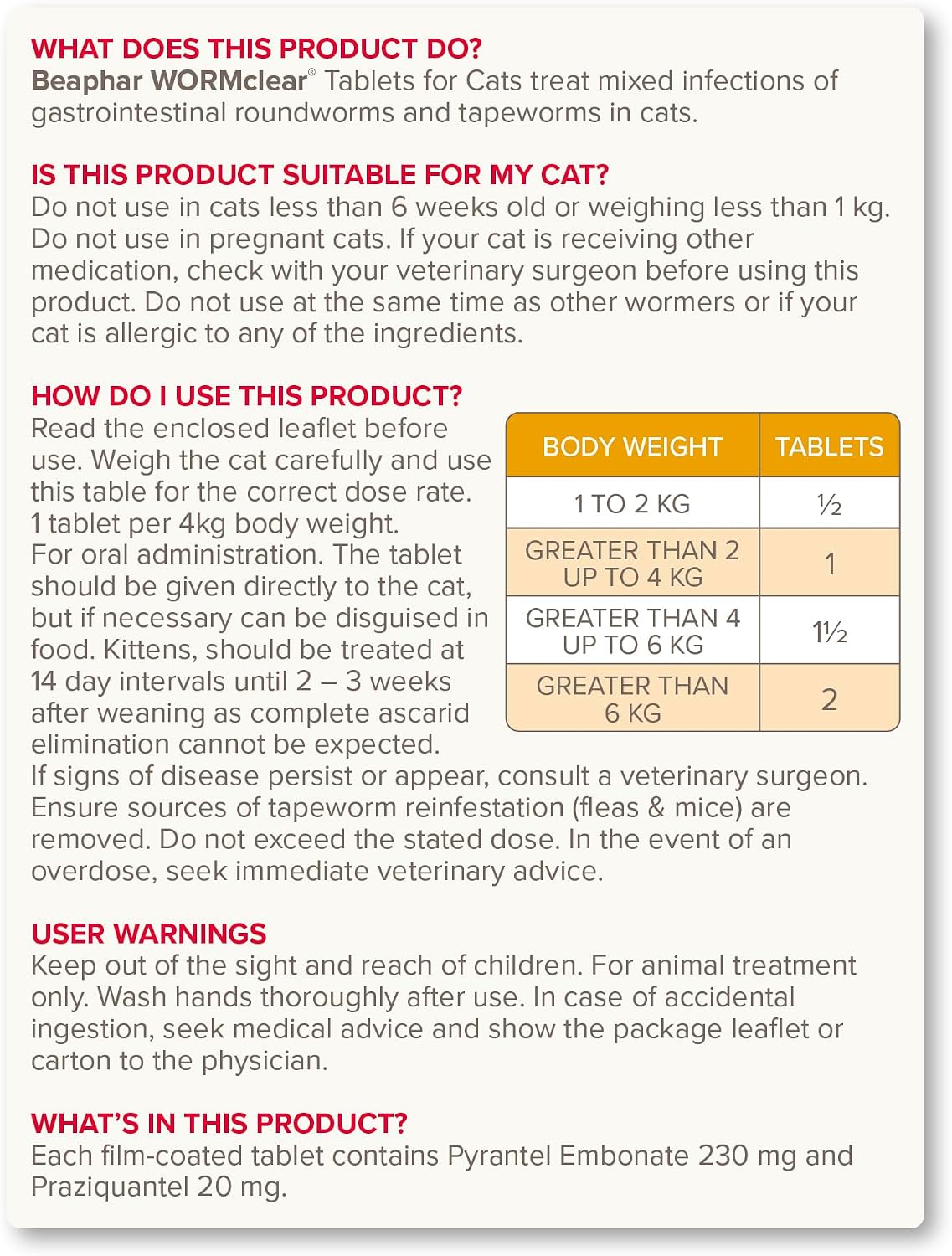 Beaphar - WORMclear® Tablets for Cats - 2 Tablet Pack - Kills All Common UK Intestinal Worms (Roundworms & Tapeworms) - Vet Strength Worm Treatment - Meaty-Flavoured - For Cats Over 6 Weeks Old & 1kg