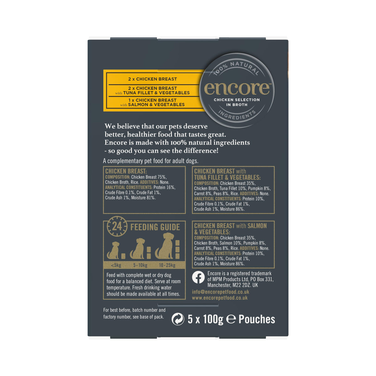 Encore 100% Natural Wet Dog Food, Chicken with Fish Selection in Broth 100g Pouch (Pack of 15x100g)