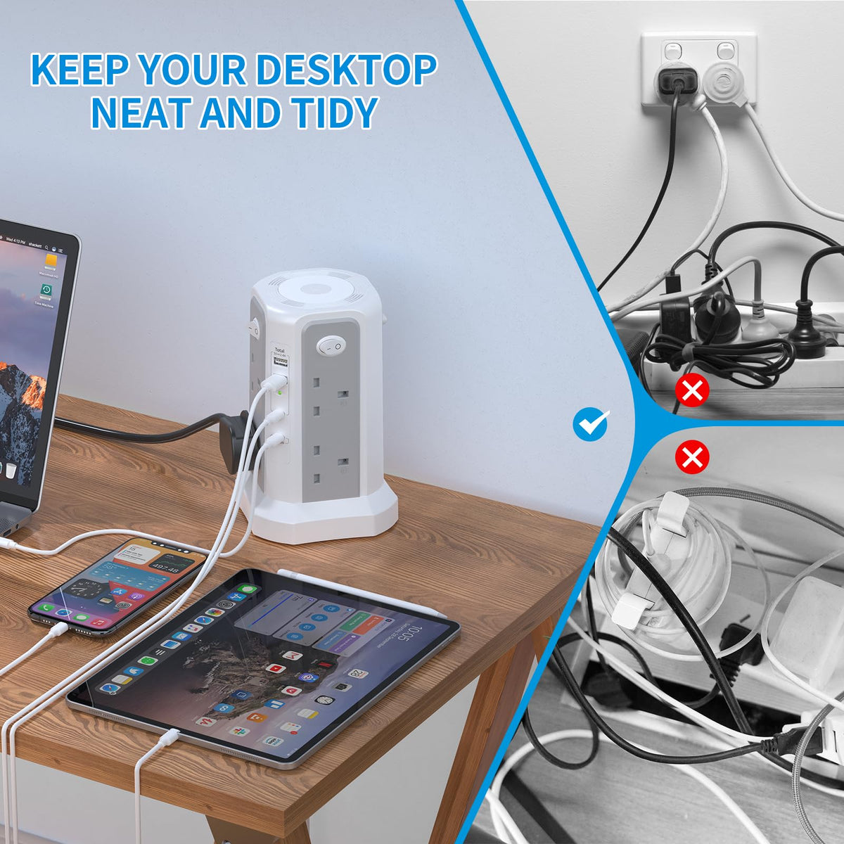 HAFINO Tower Extension Lead 3M with USB Slots and Night Light, 4 Switches