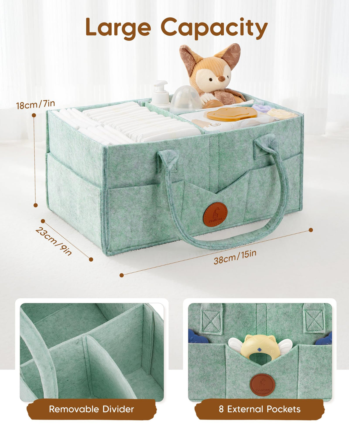 Maliton Nappy Caddy Organiser with 8 Pockets & Removable Dividers (Khaki)