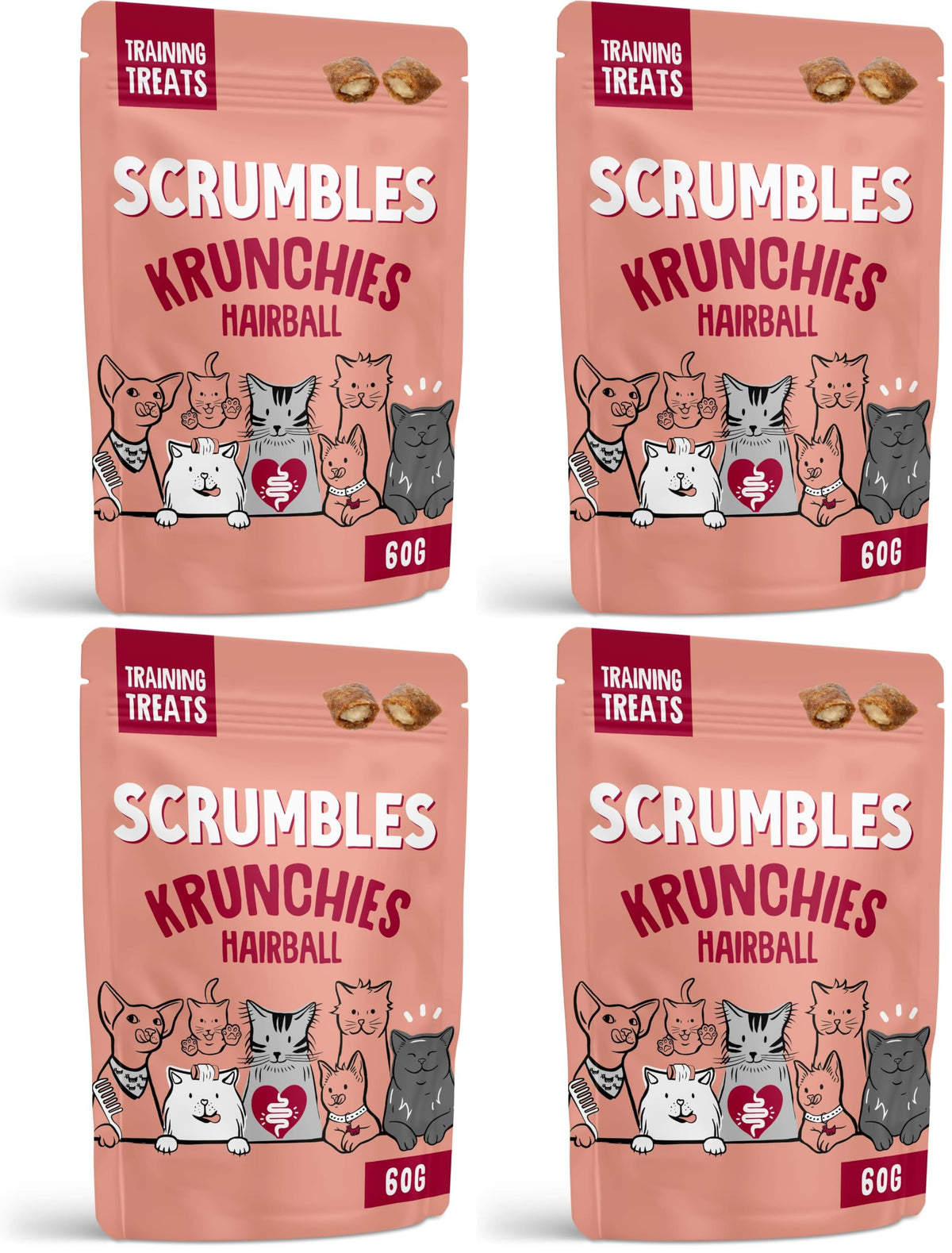 Scrumbles • Cat Treats • Krunchies • Calming • All Lifestages • 60g Bag • Hypoallergenic • No Added Sugar • Valerian & Chamomile • Gluten Free • Low Calories