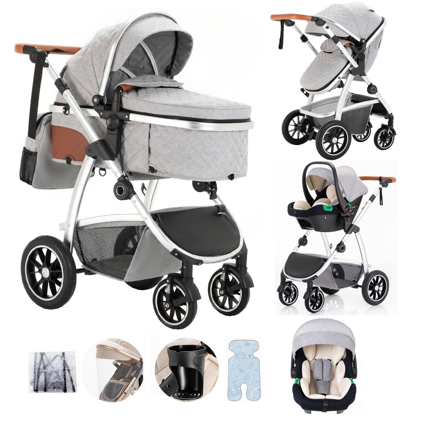 Baby Stroller 3 in 1,Travel Pushchair's Lie-Flat Pram is Foldable, Stroller System Handle is Adjustable, The Wheels are Made of PU Material, Suitable for 0-3 Years-Khaki