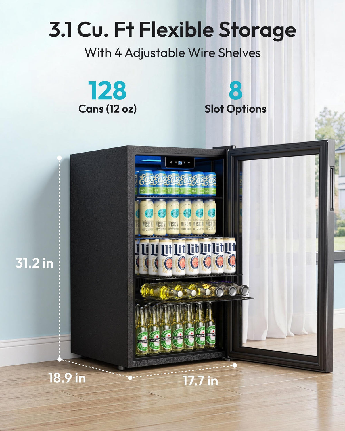 EUHOMY 93L Drinks Fridge, 126 Can Beer Fridge with Glass Door, Wine fridge with Adjustable Shelves for Soda Beer or Wine, Home/Bar/Office, Black, Steel, One-Touch Control [Energy Class F]