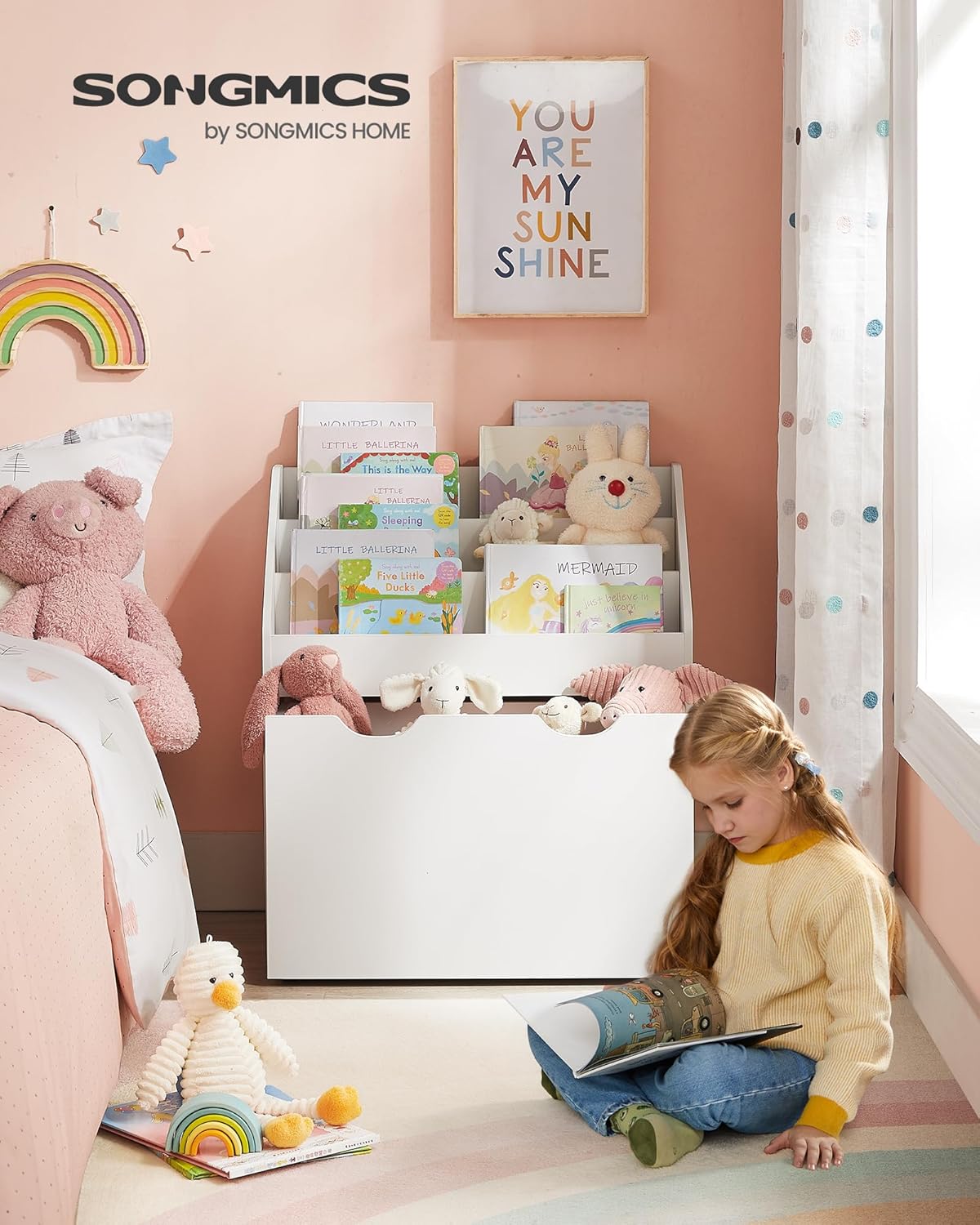 SONGMICS Kids Bookshelf and Toy Organiser, Toy Storage Chest and Bookcase with 3 Shelves, Storage Box with Wheels, Multipurpose, for Children's Room and Playroom, Cloud White GKR041W10