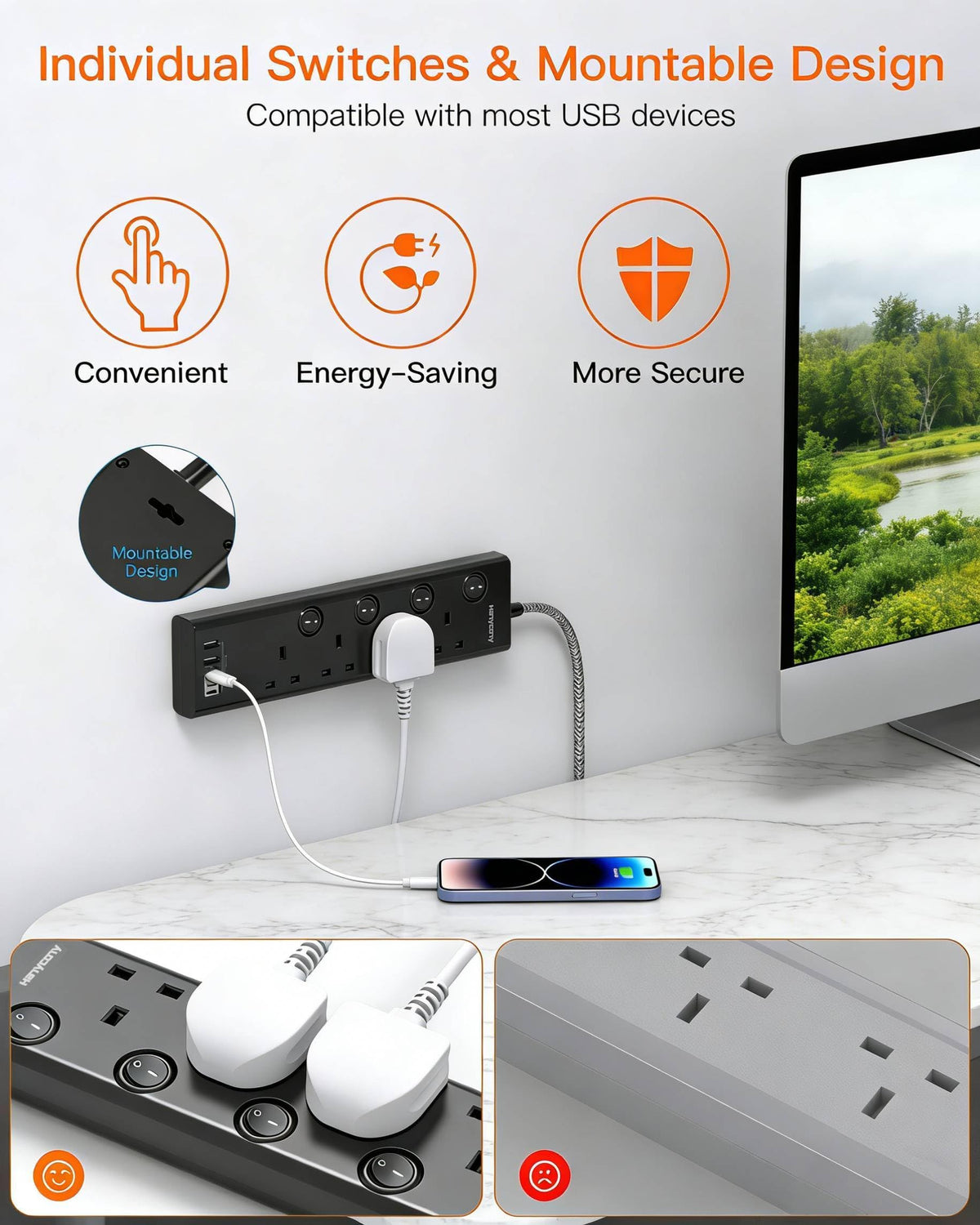 Extension Lead with USB Slots(2 USB C), 4 Way Plug Extension Socket, 1.8M