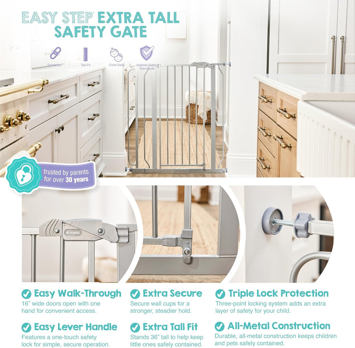 Regalo Safety 91.4cm Extra Tall Baby Gate for Doorways & Bottom of Stairs, Fits Openings 73.6-90cm (Extension Included), Pressure Mounted for Babies, Toddlers & Pets