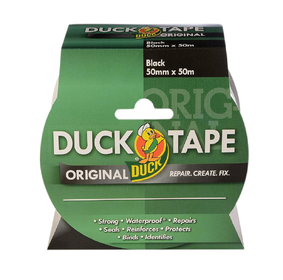 Duck Tape Original Black, 50mm x 25m. The original high strength waterproof gaffer and duct adhesive cloth repair tape