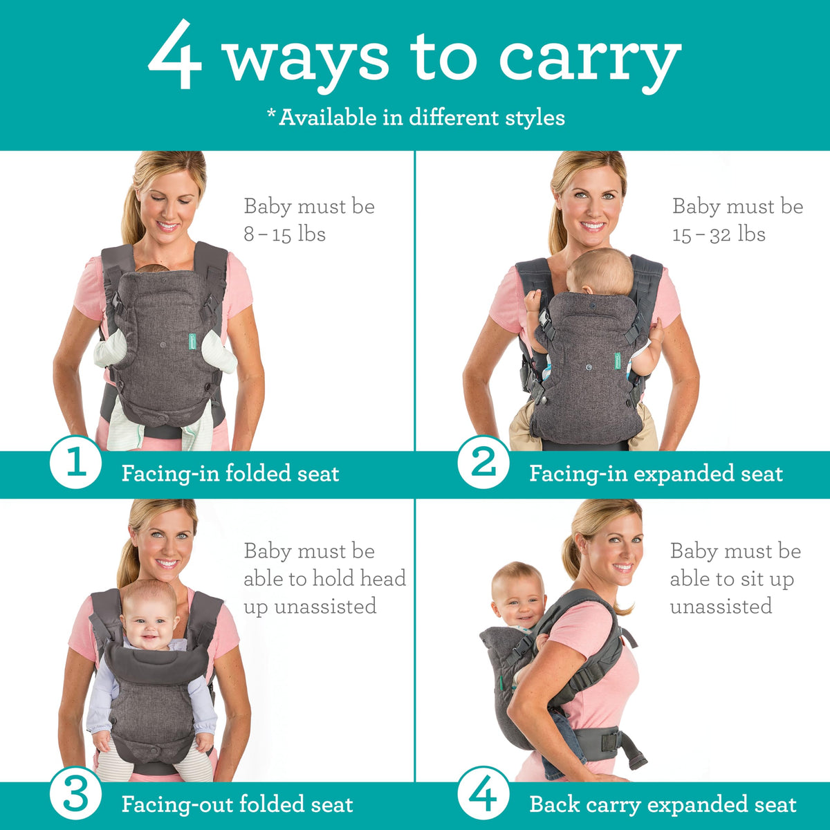 Infantino Flip Advanced 4-in-1 Baby Carrier - Ergonomic, Convertible, Face-in and Face-Out Front and Back Baby Carrier for Newborn to Toddler 3,6-14,5kg, Grey
