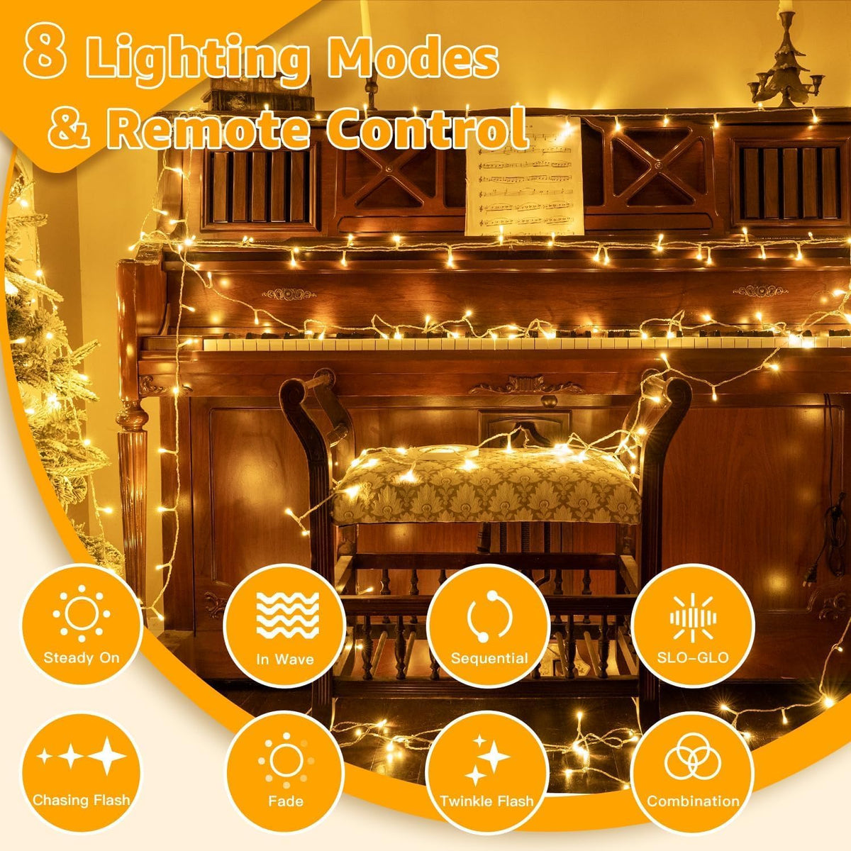 Ollny Fairy Lights Mains Powered 20m 200 LED Outdoor String Plug Remote