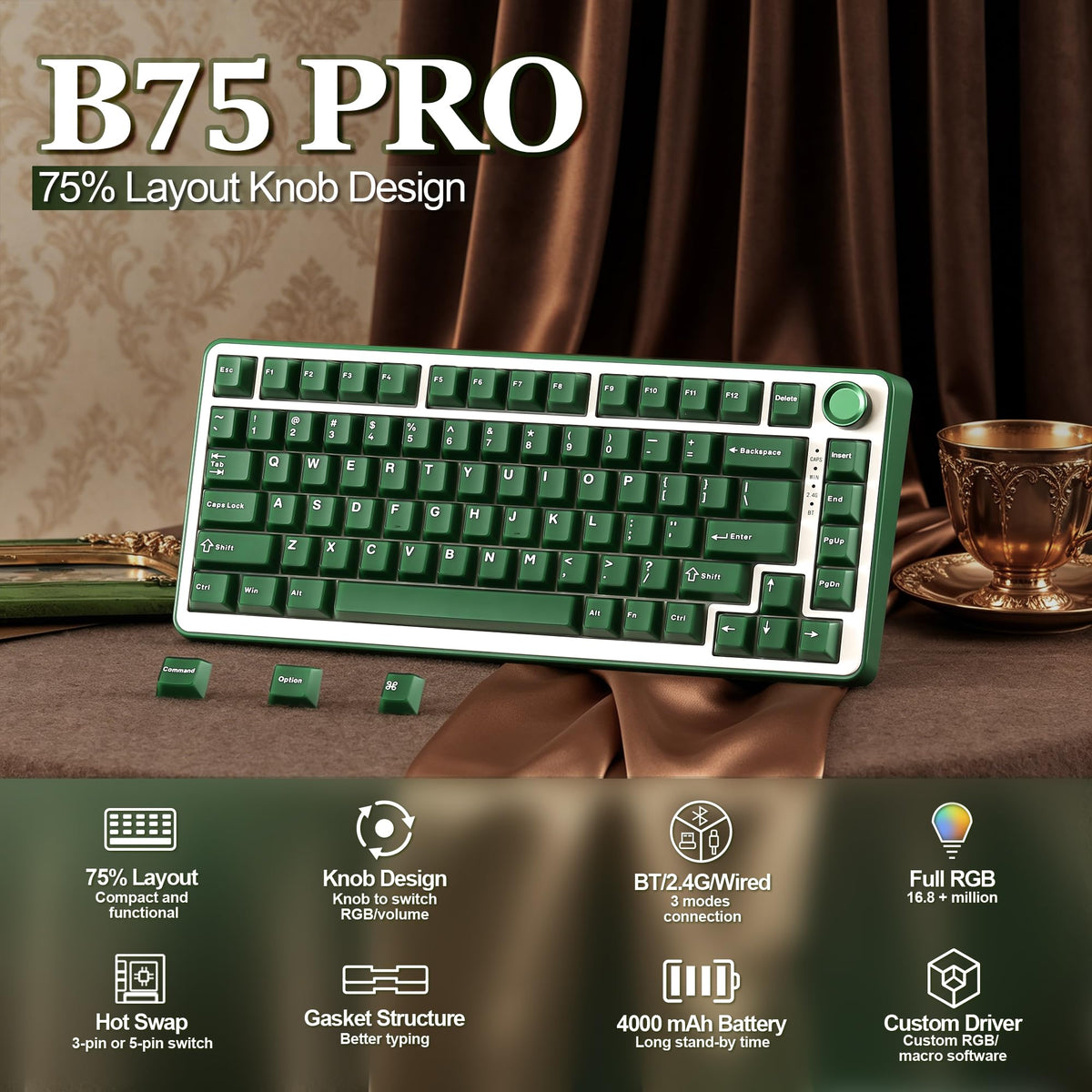 YUNZII B75 PRO 75% Wireless Mechanical Keyboard (Black Heart,Cocoa Switch)