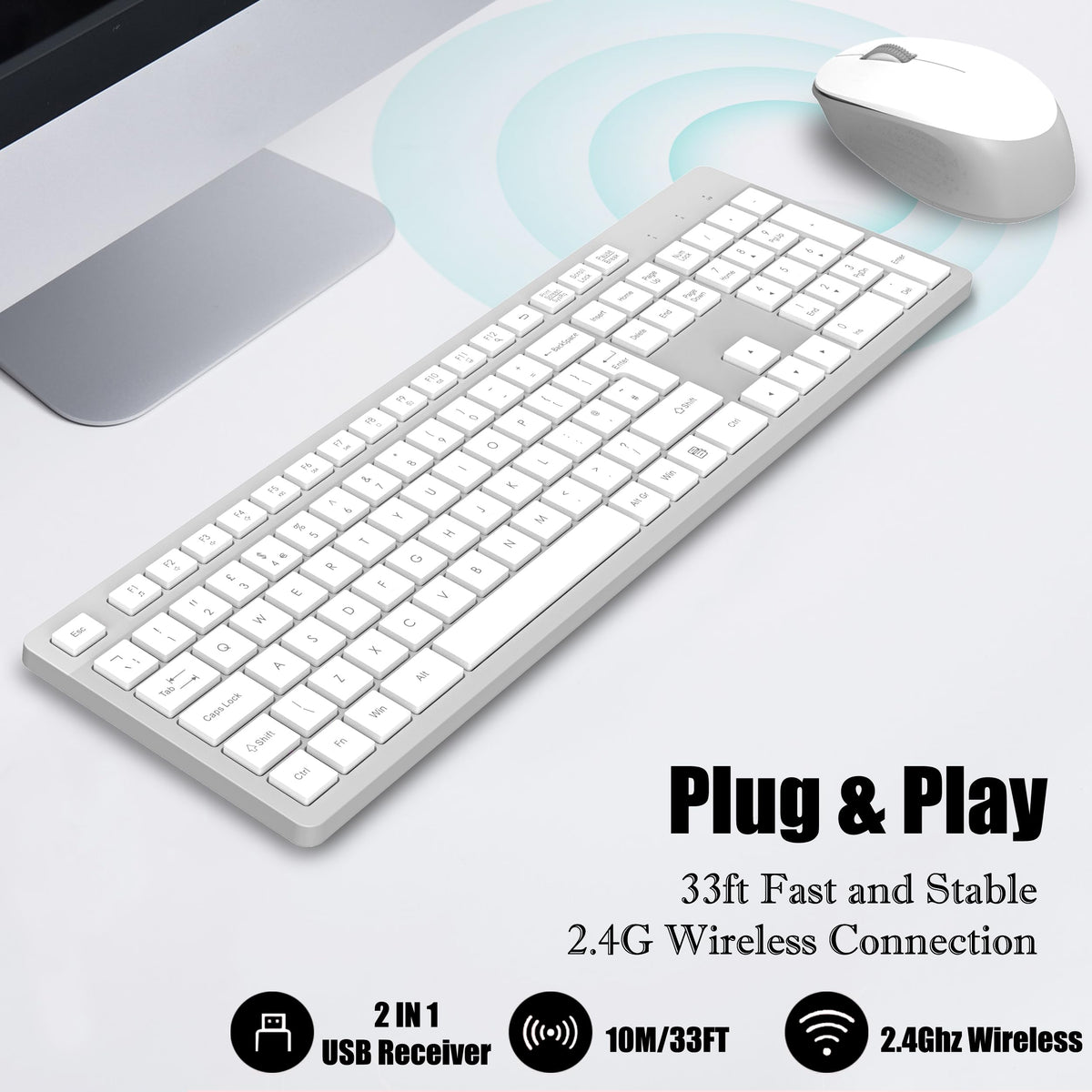 LeadsaiL Wireless Keyboard and Mouse Set, 2.4GHz USB Computer Keyboards and Mouse Combo, Full Size UK QWERTY Layout, Ergonomic Design with 12 Multimedia Shortcuts for HP/Lenovo Laptop and Mac-Purple