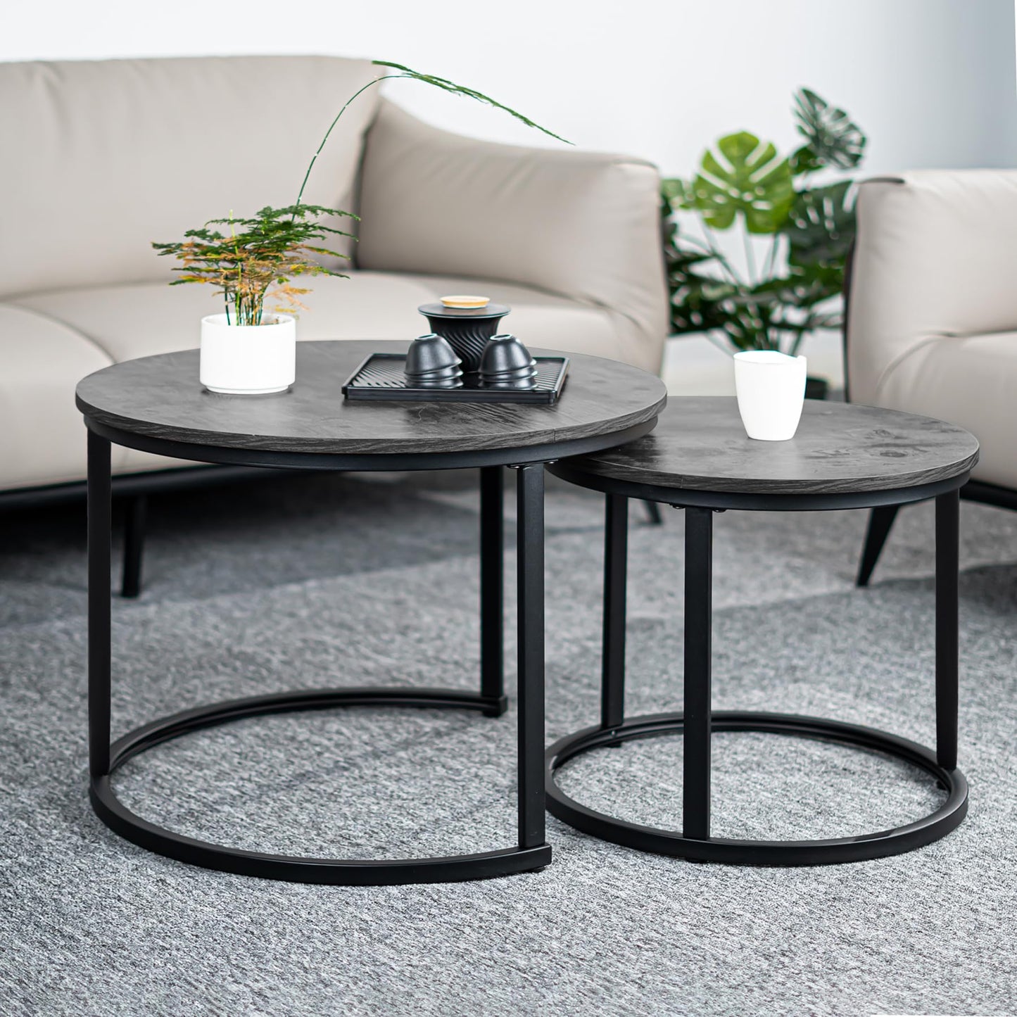 Hawthyhome Coffee Tables, Round Nesting Tables Tet of 2, Modern Side Tables with Metal Frame, Industrial Stacking End Tables for Living Room Bedroom Office, 60 * 60 * 45cm, Brown
