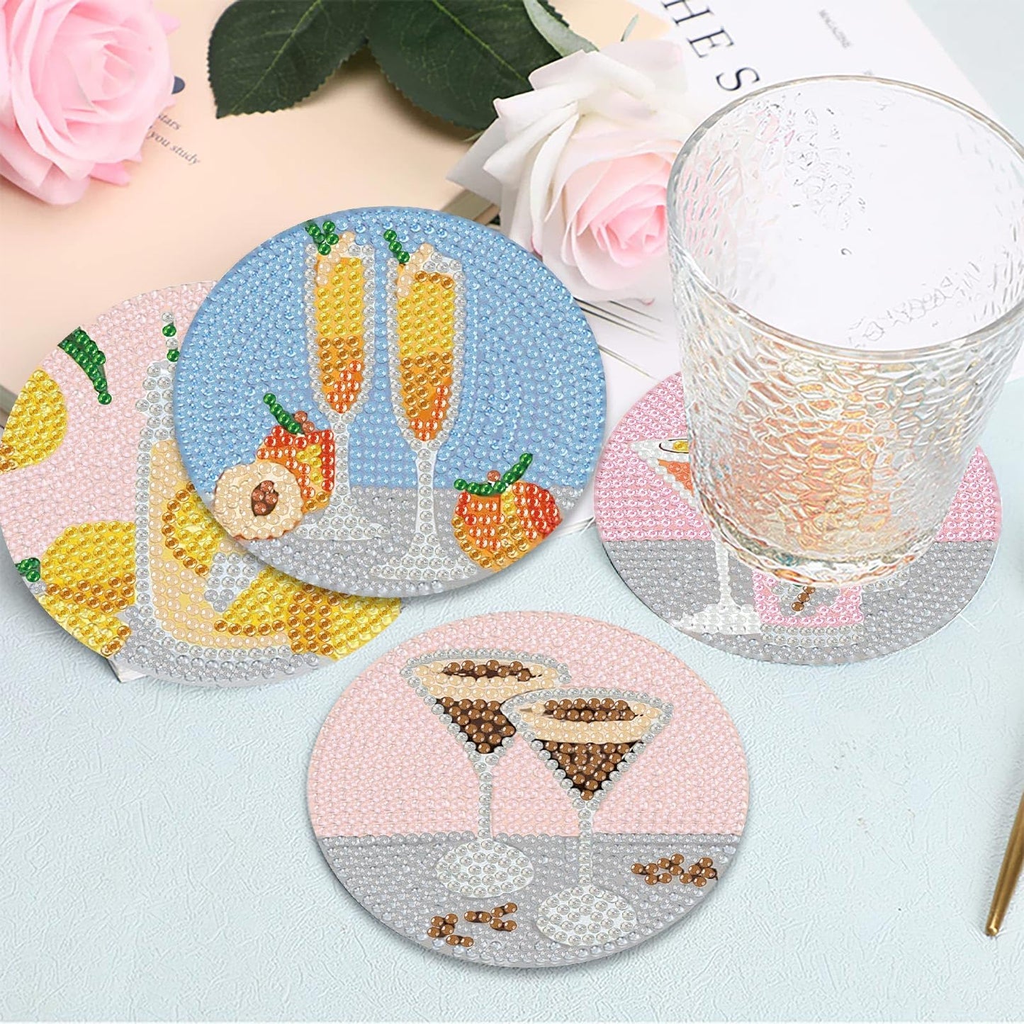 8Pcs Diamond Painting Coasters with Holder,DIY Cocktail Life Coaster Diamond Art Kits for Adults Kids,Beginners Round Full Drill Diamonds Art Craft Supplies