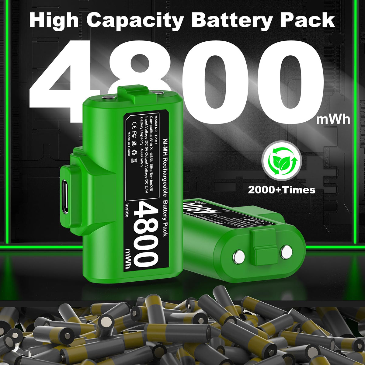 Rechargeable Battery Pack for Xbox Controller, Battery Pack with 2×4800mWh/LED Indicator/12 Hours Playtime,Play and Charge Kit for X-box One/S/X/Elite, Xbox Series S/X Interactive Gaming Figures