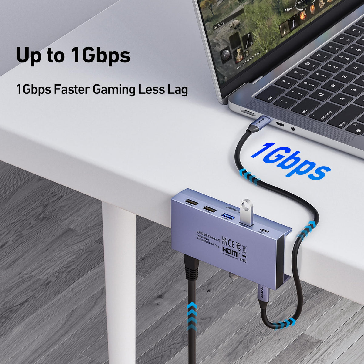 BENFEI USB-C Hub 5-in-1 with 4K HDMI, 3 USB-A 3.2 GEN2 10Gbps, 100W PD, Silicone Woven Cable, Aluminum Case, Compatible with MacBook, iPad, iPhone 15/16 Series