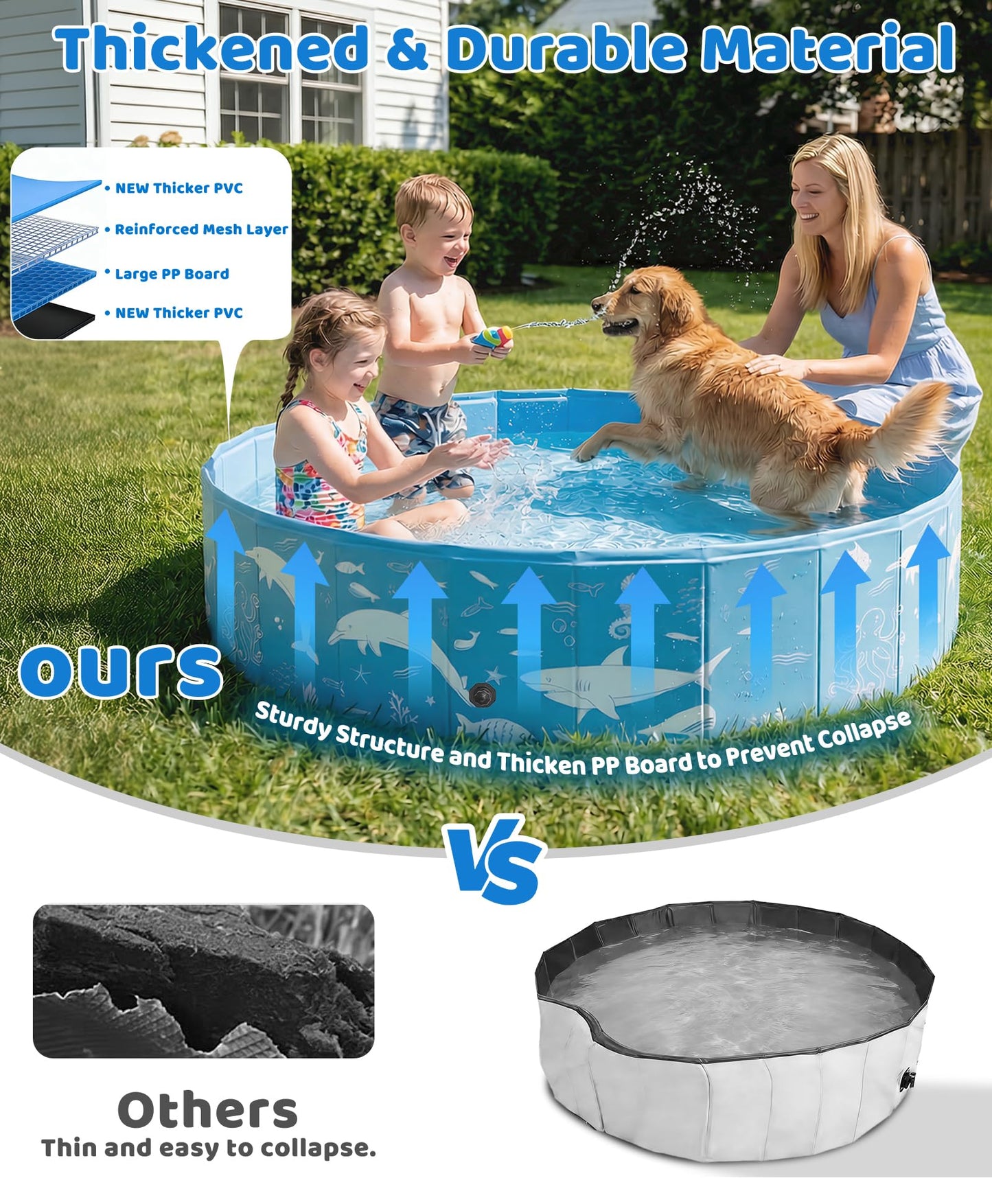 Instraella Dog Paddling Pool with Canopy, Large Dog Pool with UV Protection, Foldable Paddling Pool for Kids & Dogs, Thickened Pet Swimming Pool, Portable Dog Bath Tub for Small, Medium, Large Pets