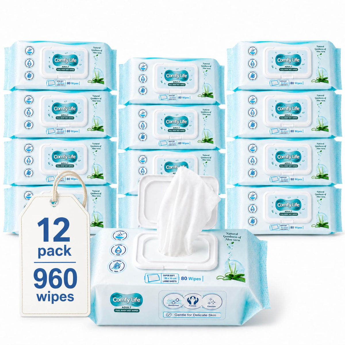 Comfy Life Premium Full Body Cleansing Wet Wipes For Adults - Large Luxury Fresh-feel Rinse-free Fragrance-free Bed Bath Incontinence Hygiene Intimate-care Soft Sheets (4 Pack (320 Wipes)