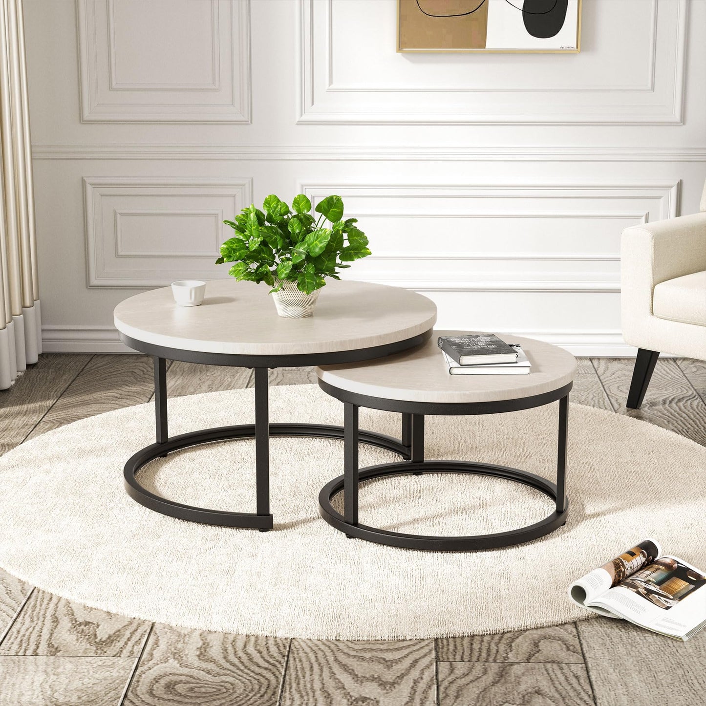 Hawthyhome Coffee Tables, Round Nesting Tables Tet of 2, Modern Side Tables with Metal Frame, Industrial Stacking End Tables for Living Room Bedroom Office, 60 * 60 * 45cm, Brown