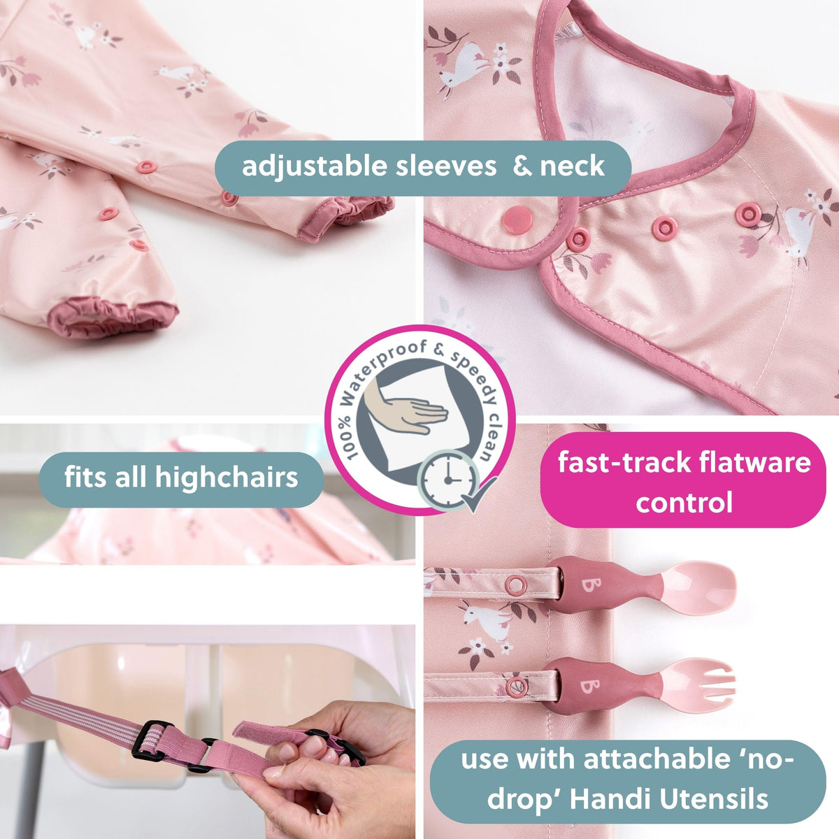 BIBaDO Long Sleeve Baby Bibs - Coverall Weaning Bib with Highchair Strap