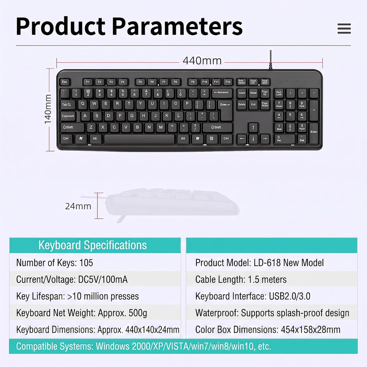 Wired Keyboard UK Layout, Full Size 105 Keys USB Computer Keyboard with Numeric Keypad, Quiet Typing Spill-Resistant Plug and Play PC Keyboard for Windows 11 10 Laptop Office Desktop, Black