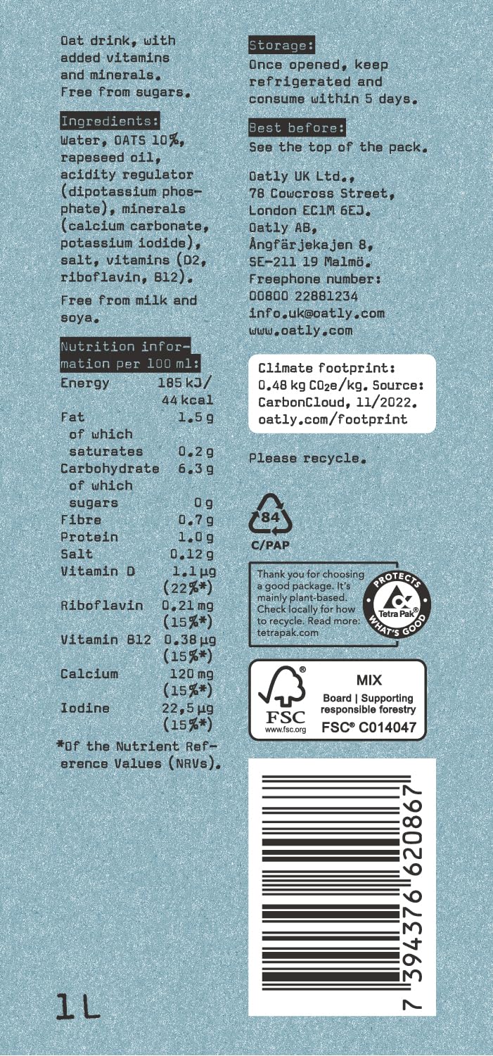 Oatly Whole Oat Drink 1 Litre (Pack of 6)