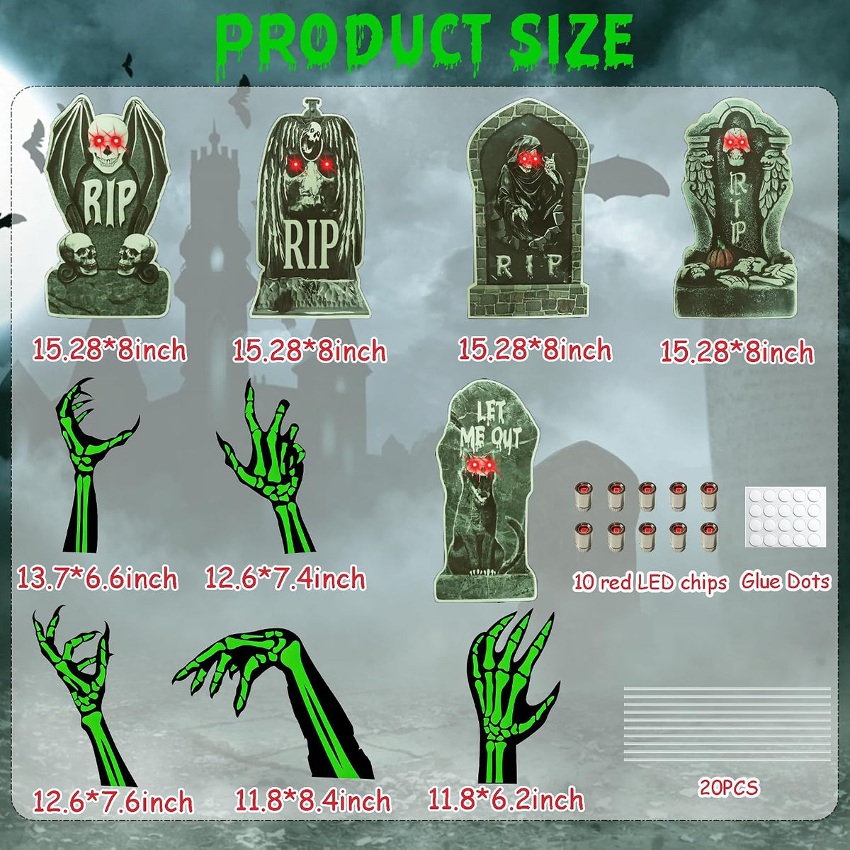 10 Pack Halloween Yard Signs, Fluorescent Skeleton Hands and Tombstones